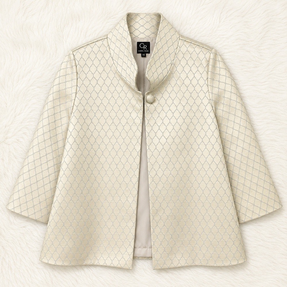 Connie Roberson Womens Ivory Silk Jacquard Swing Jacket Shawl Collar Blazer XS